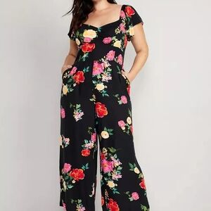 Old Navy Pink and Black Floral Jumpsuit with Sweetheart Neckline